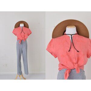 Vintage 90s Linen Coral Pink‎ Blouse | size L